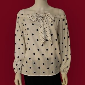 RILEY & RAE Retro Black and White Polka Dot Bow Off-Shoulder Coquette Top